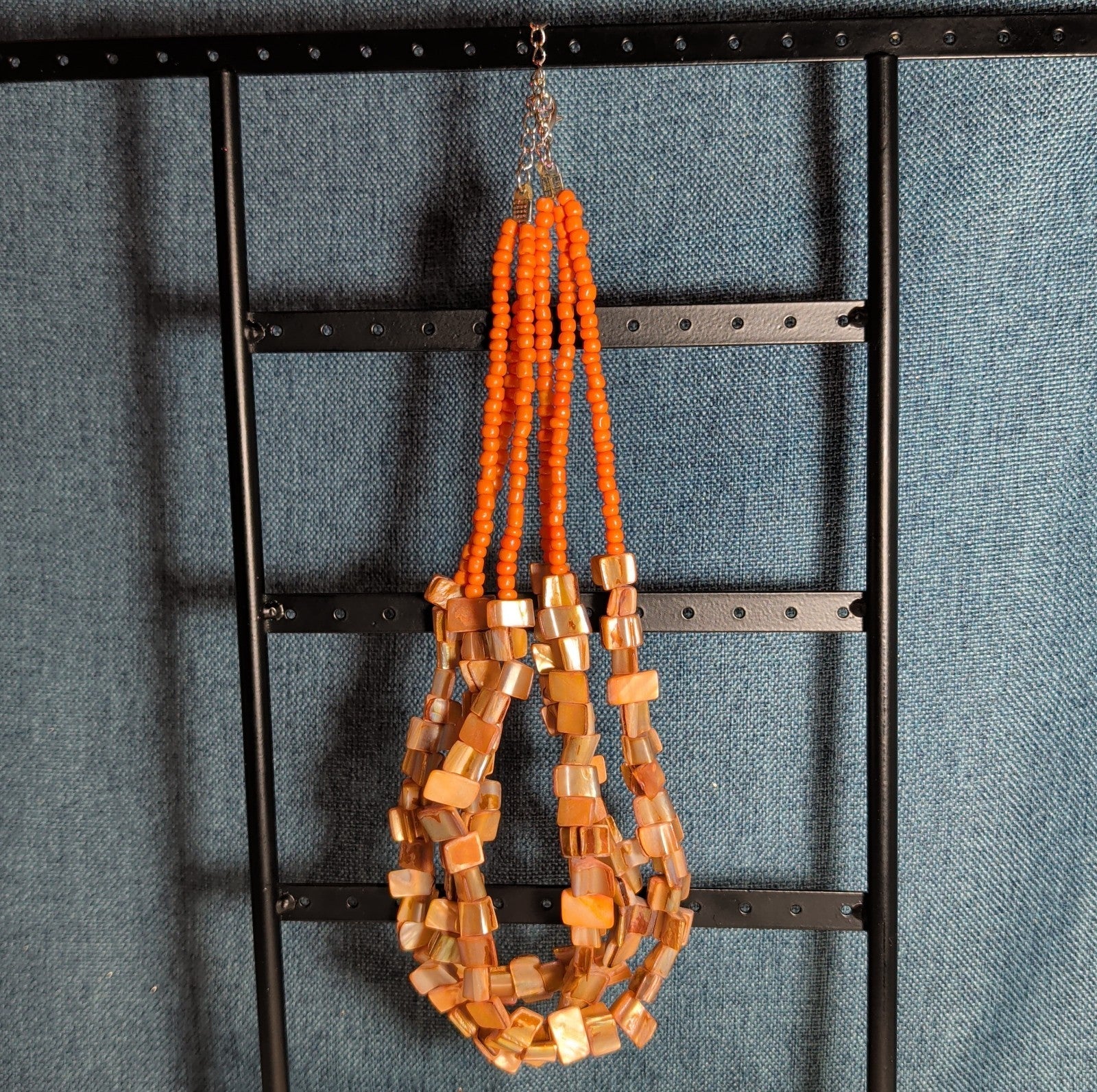 Multi Strand Orange Shell Bead Necklace 23" Boho Beach