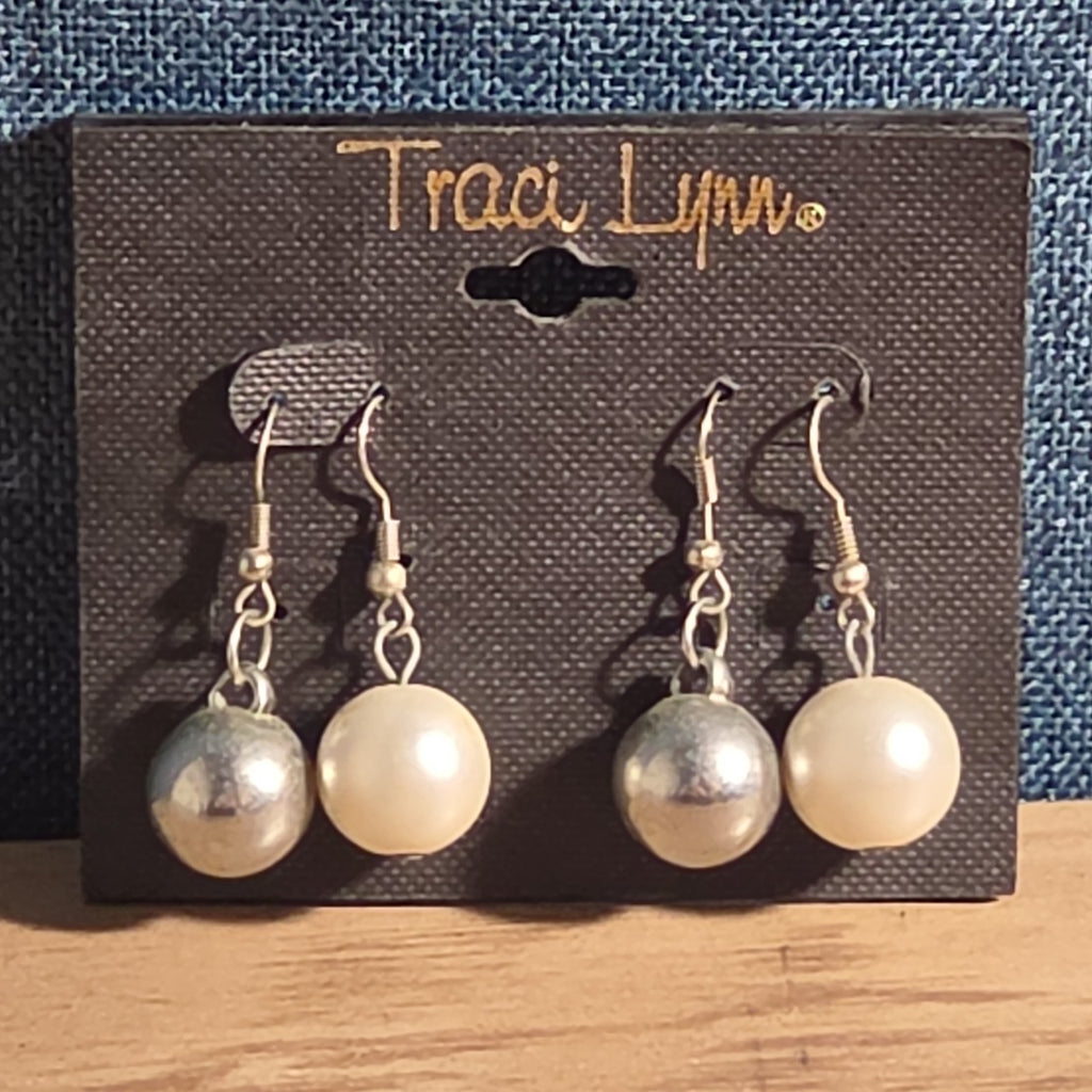 Traci Lynn Faux Pearl Silver Ball Hook Drop Earrings