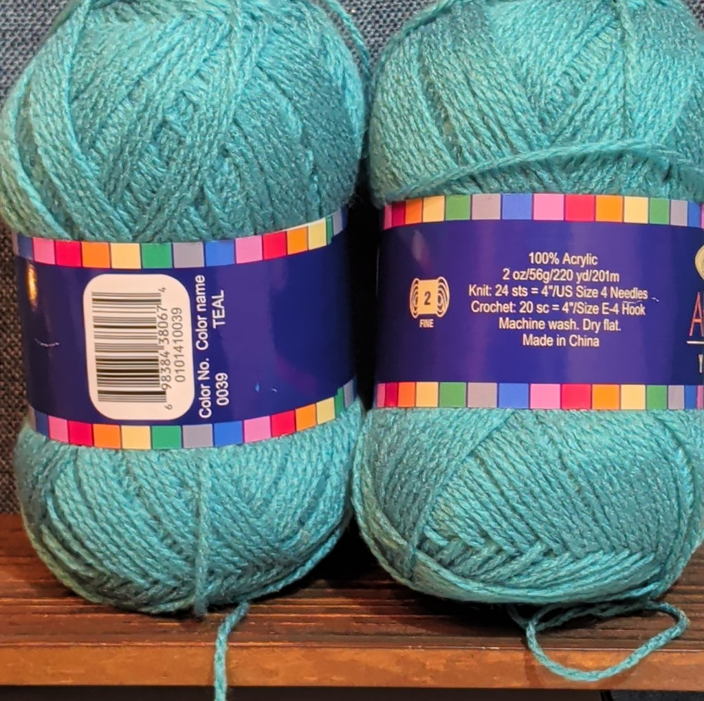 Herrschners Afghan Yarn 2 Ply Teal Acrylic 2 Skein Lot 0036