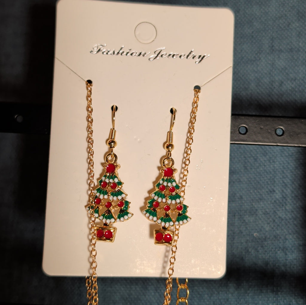 Christmas Tree Necklace Earring Set Gold Tone Enamel Holiday