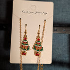 Christmas Tree Necklace Earring Set Gold Tone Enamel Holiday