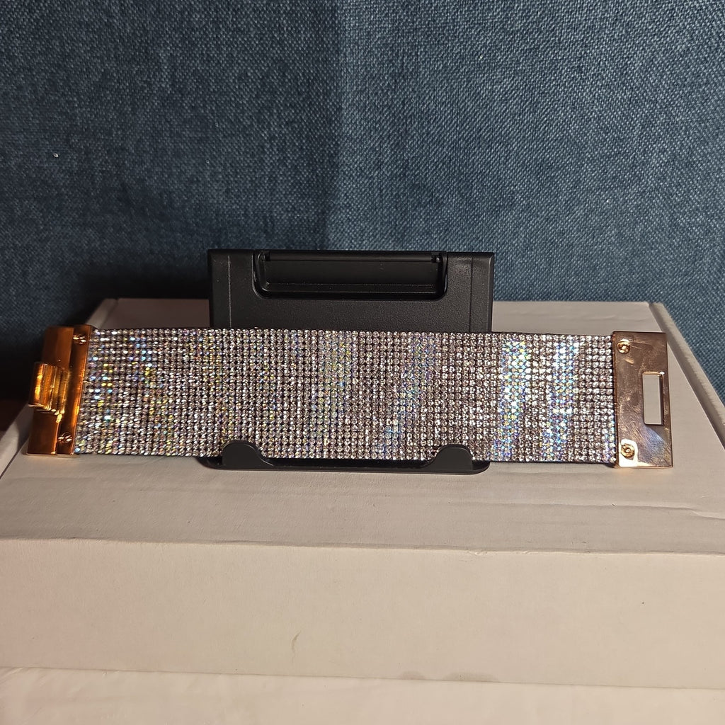 Rhinestone Wide Cuff Bracelet AB Crystal Gold Tone Y2K Glam Style NWOT