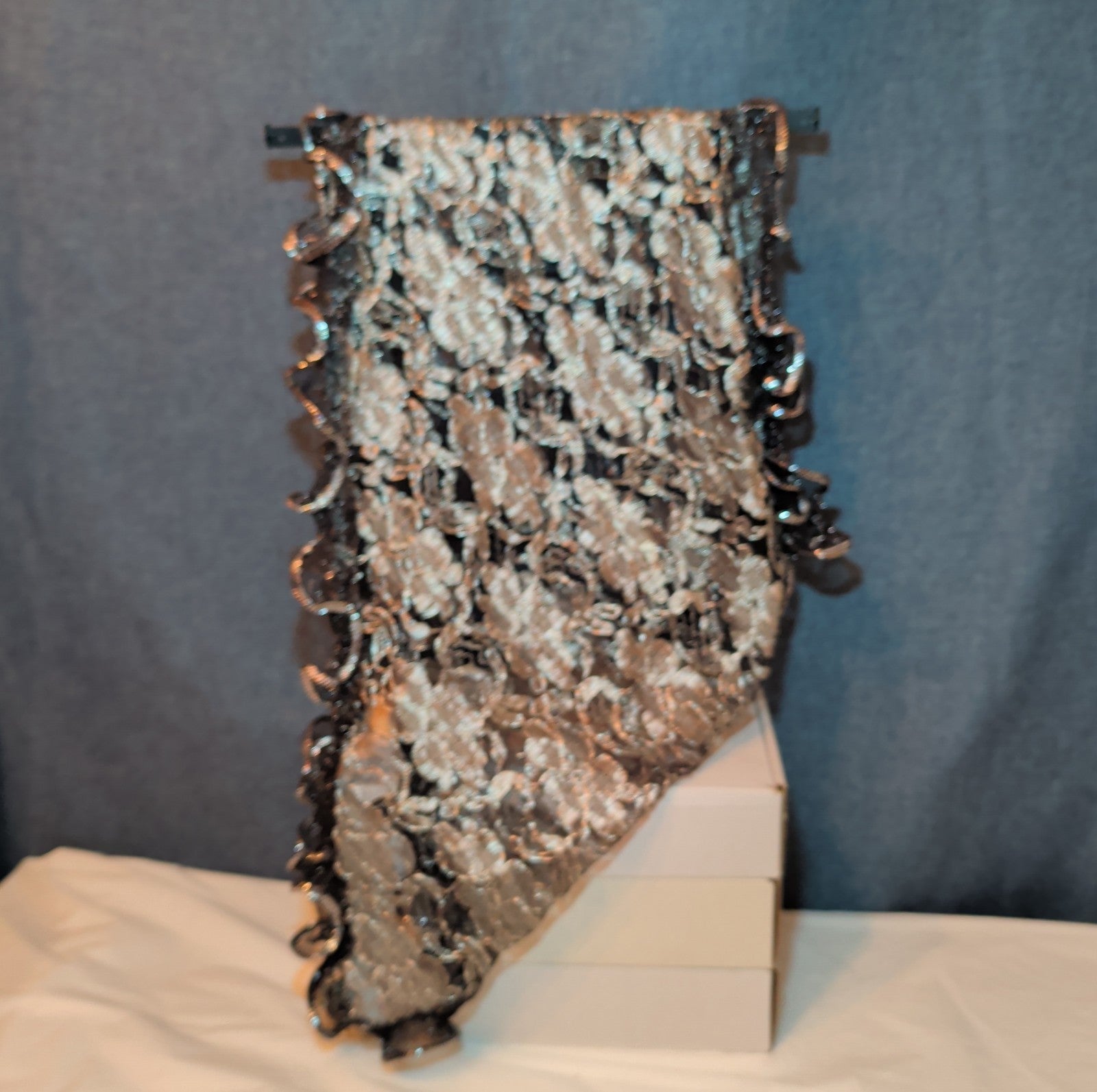 Laurena by LJL Metallic Lace Scarf Wrap Silver Black Ruffled Boho NWT 63x23