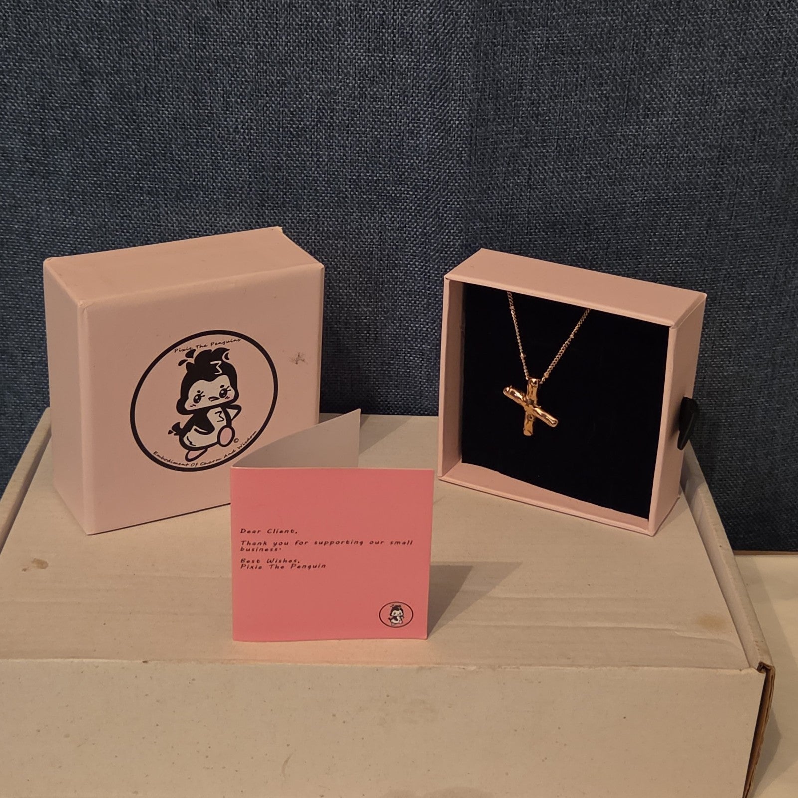 Pixie The Penguin Letter X Necklace Rose Gold Tone Puffy Coquette NIB