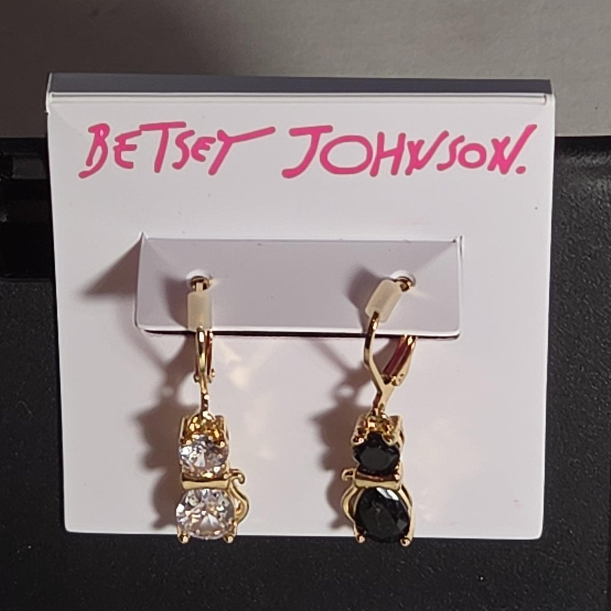 Betsey Johnson Mismatched Cat CZ Drop Earrings