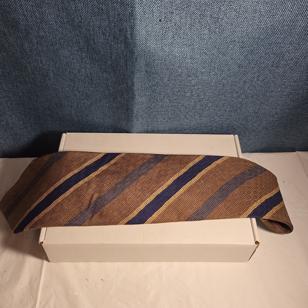 J.Z. Richards Silk Tie Edwards Michigan Brown Blue Stripe Frayed As Is Vest Tie