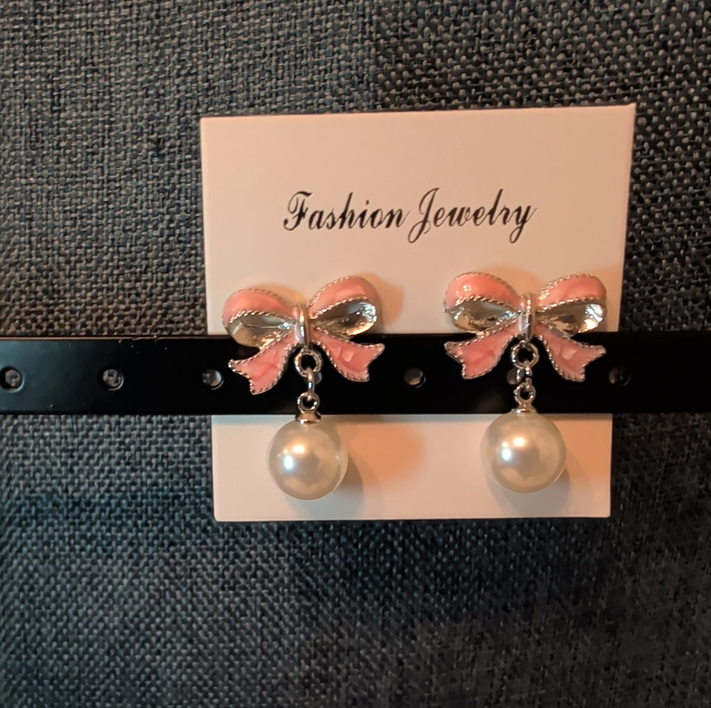 Pink Bow Pearl Drop Earrings Gold Plated Bowknot Cute Elegant Dangle Studs Gift