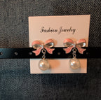 Pink Bow Pearl Drop Earrings Gold Plated Bowknot Cute Elegant Dangle Studs Gift