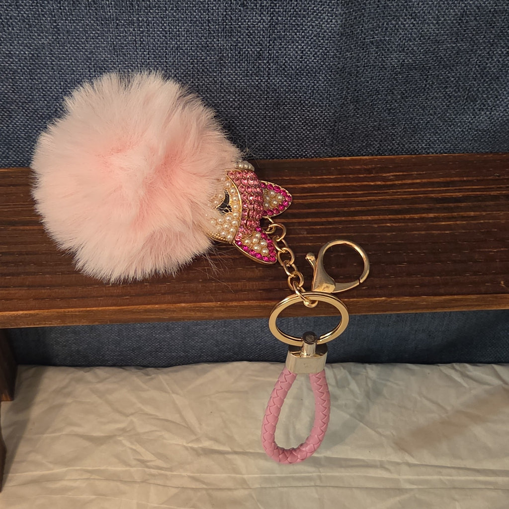 Pink Rhinestone Fox Pom Pom Keychain Charm Braided Strap