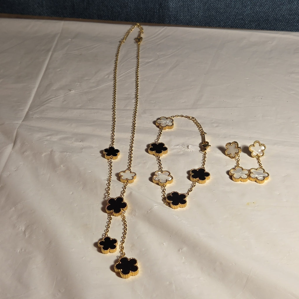 3PC Jewelry Set Black White Gold Tone Necklace Bracelet Earrings