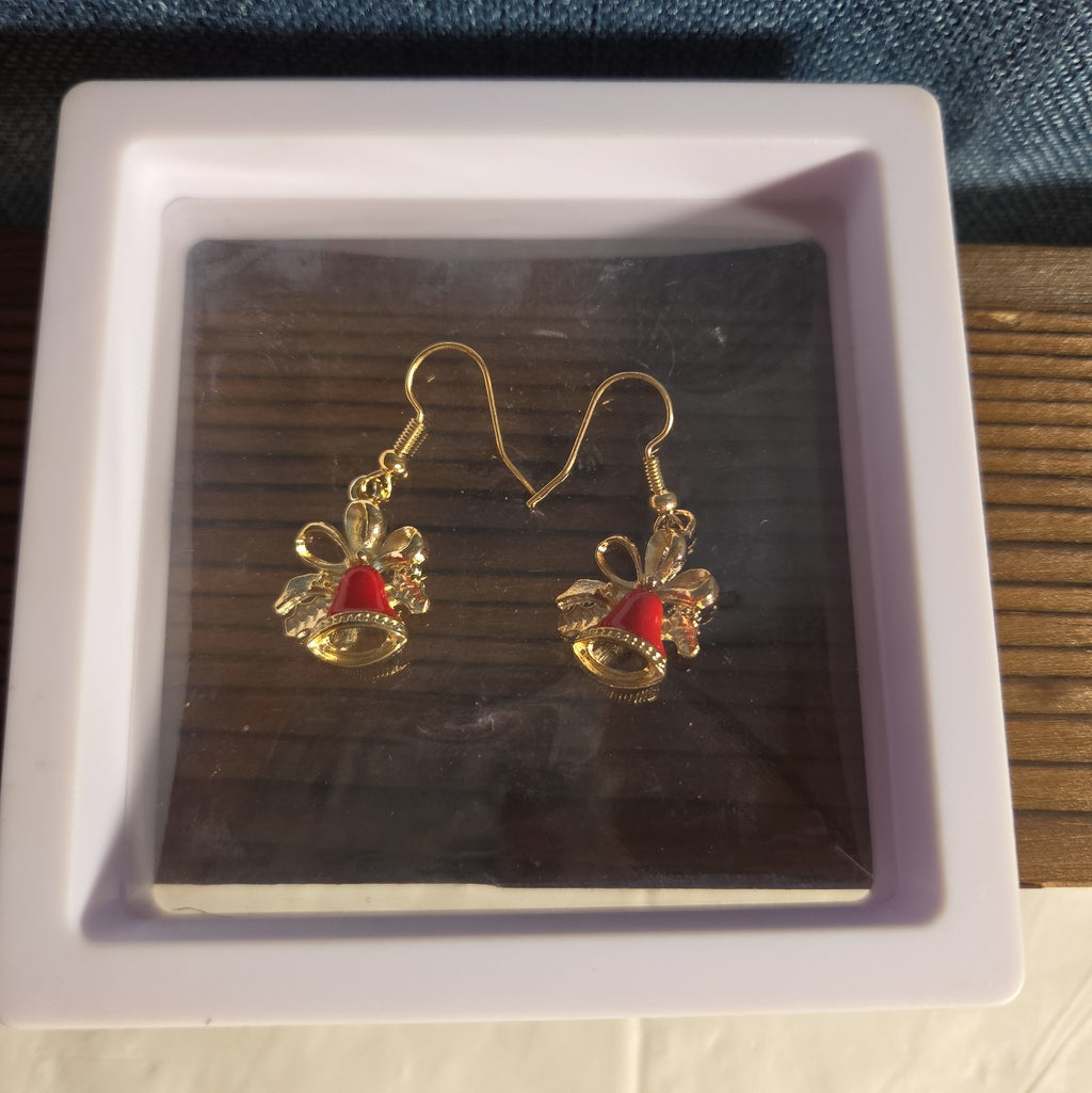 Gold Christmas Bells Drop Earrings 3/4" Red Enamel