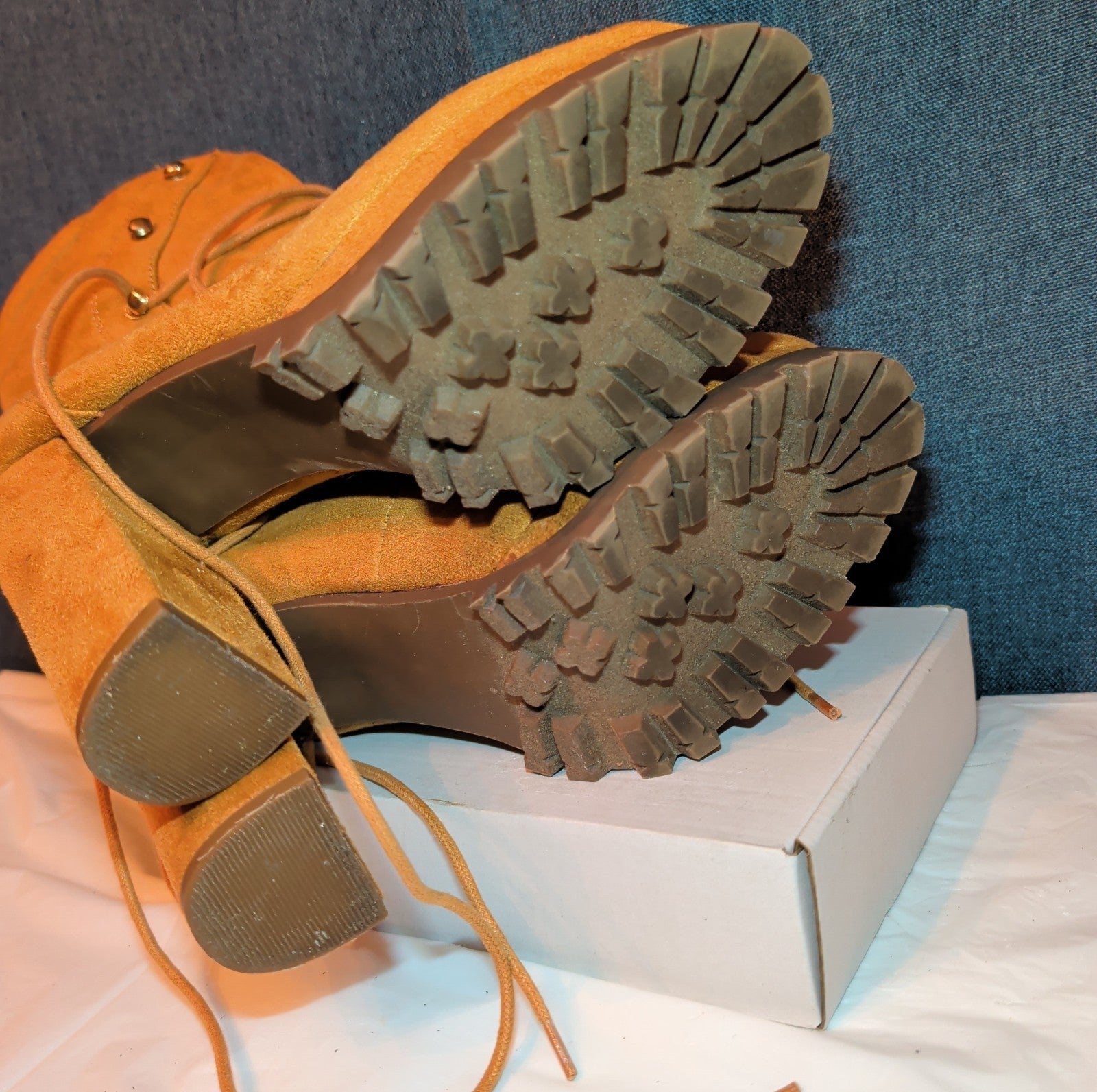Chunky Platform Heel Combat Boot Faux Suede Mustard Y2K  Size 10