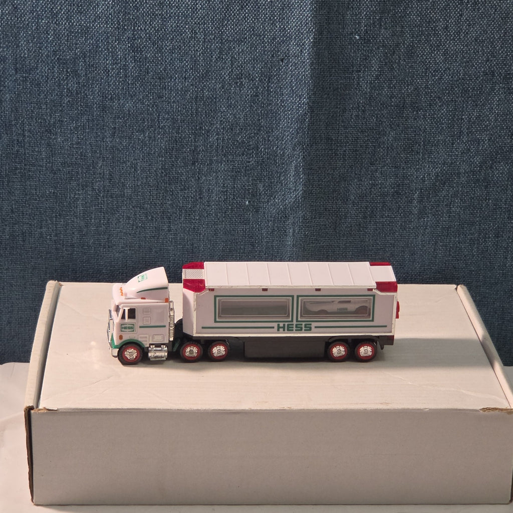 2021 Hess Mini Toy Truck Semi Hauler with Race Car White & Green Collectible
