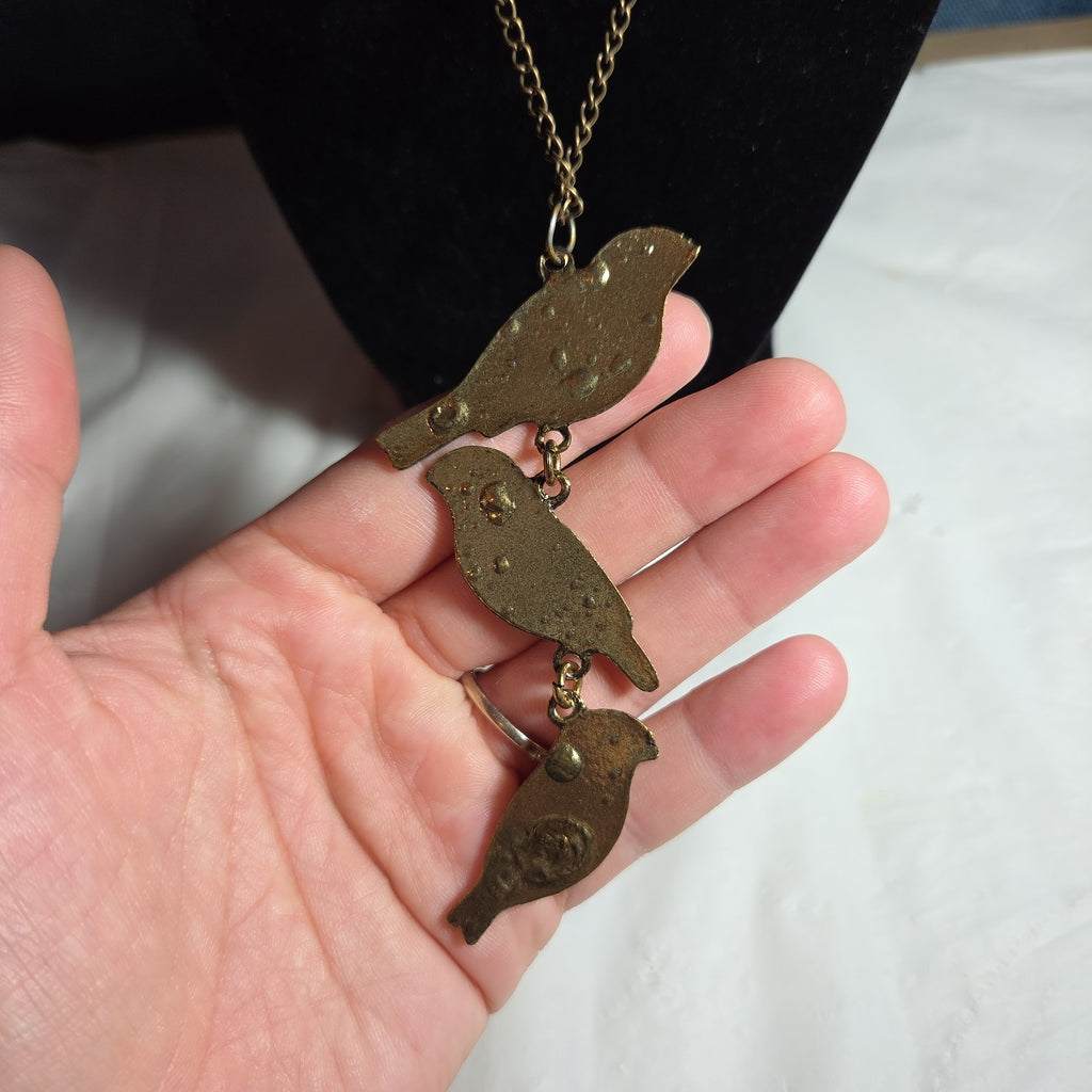 3 Birds Drop Pendant Necklace Brass Tone Long Chain Boho