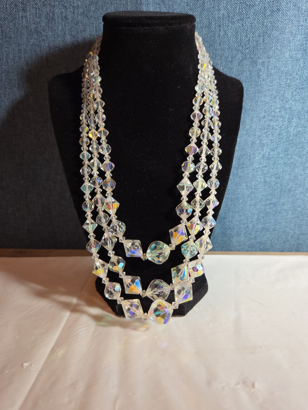 Triple Strand AB Crystal Iridescent Vintage Glam