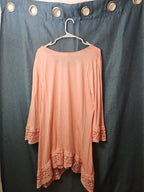 Indigo Soul Boho Tunic Top Large Pink Rayon Crochet Lace Sharkbite Hem Lagenlook