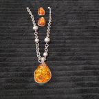 Vintage Faux Amber Necklace Clip On Earrings Set Silver Tone Teardrop Shimmer