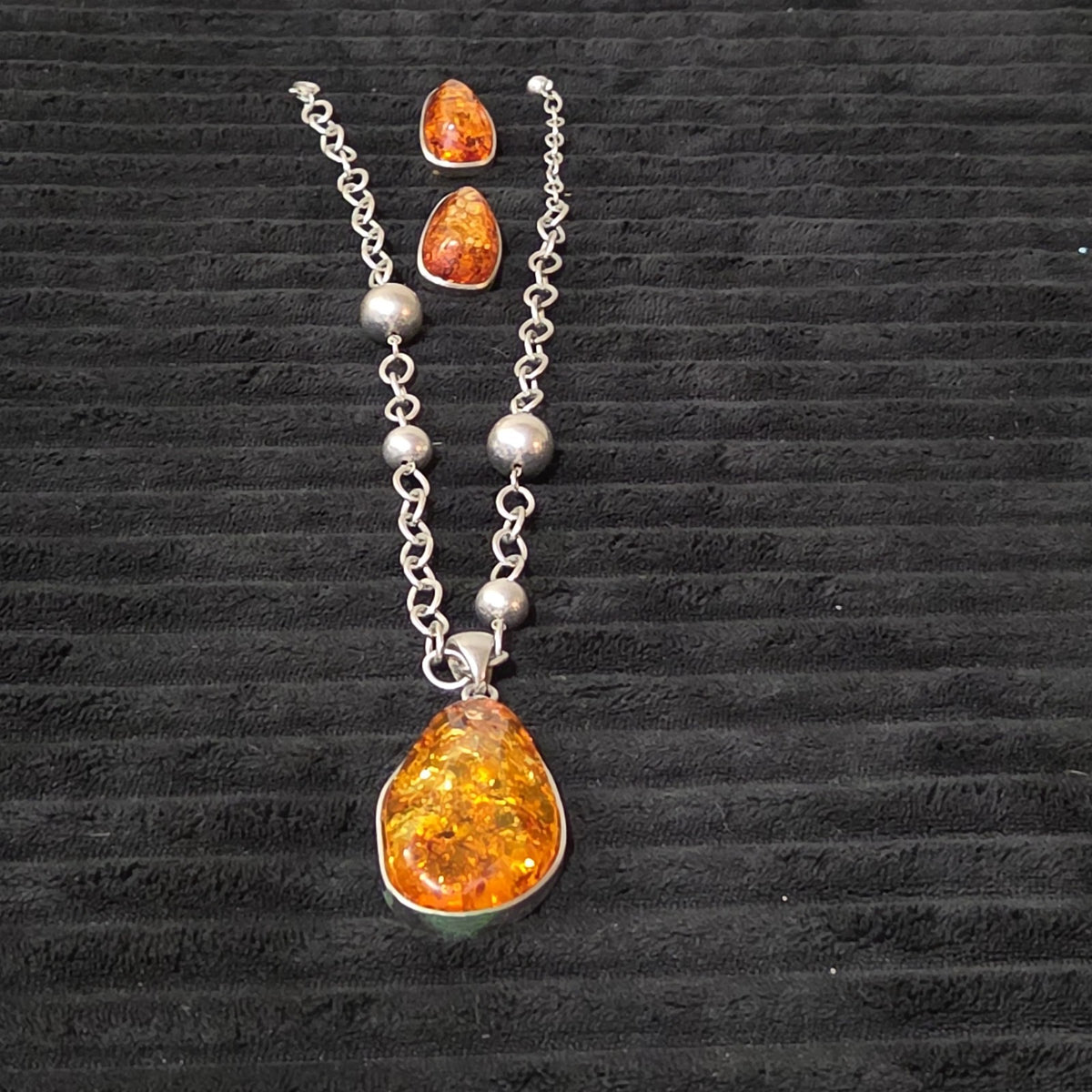 Vintage Faux Amber Necklace Clip On Earrings Set Silver Tone Teardrop Shimmer