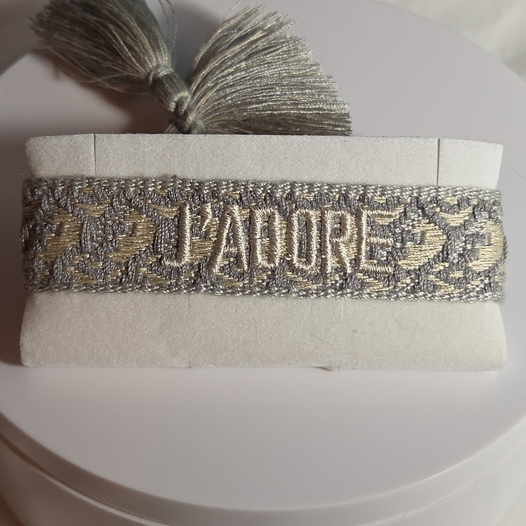 J'Adore Woven Friendship Bracelet Grey Tassel Designer Inspired