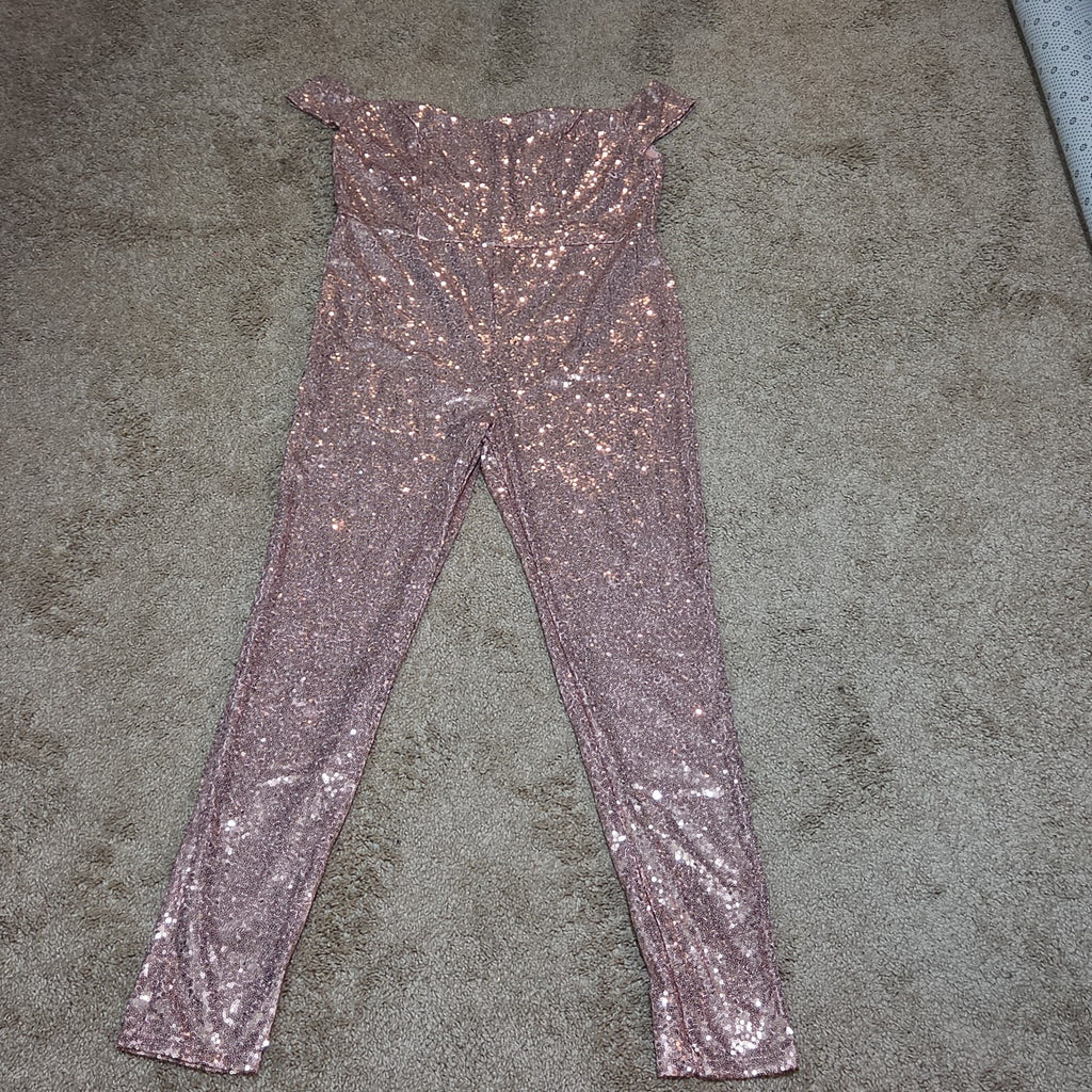 Rose Gold Sequin Off Shoulder Party Jumpsuit Romper  XL