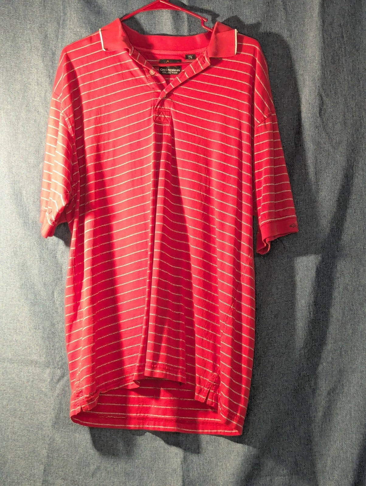 Greg Norman Collection Men's L 100% Cotton Red White Stripe Golf Polo Shark Logo