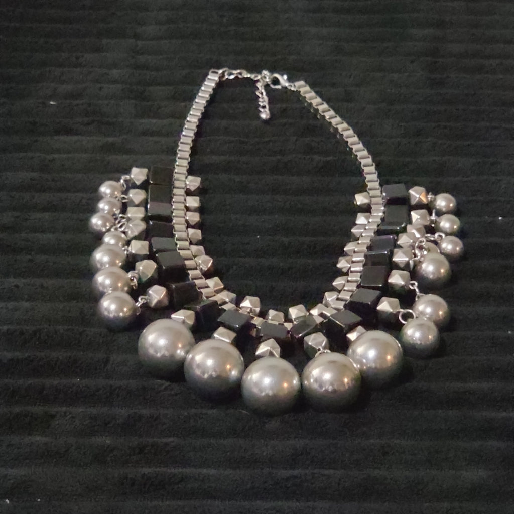 Chunky Silver Bib Statement Necklace Black Cube Cascading Collar Choker Punk Mod