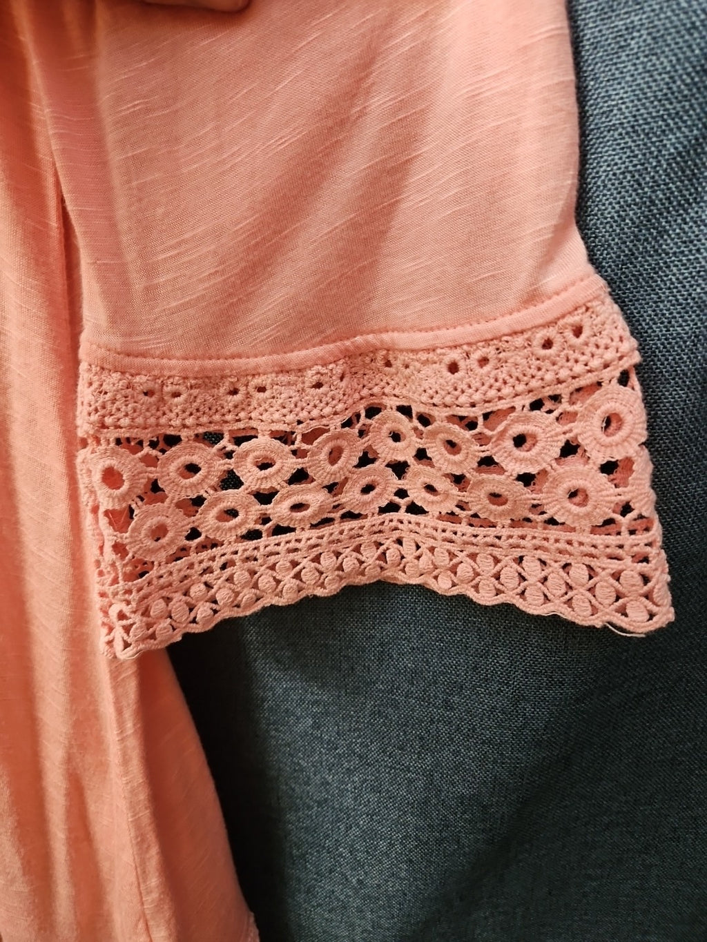 Indigo Soul Boho Tunic Top Large Pink Rayon Crochet Lace Sharkbite Hem Lagenlook
