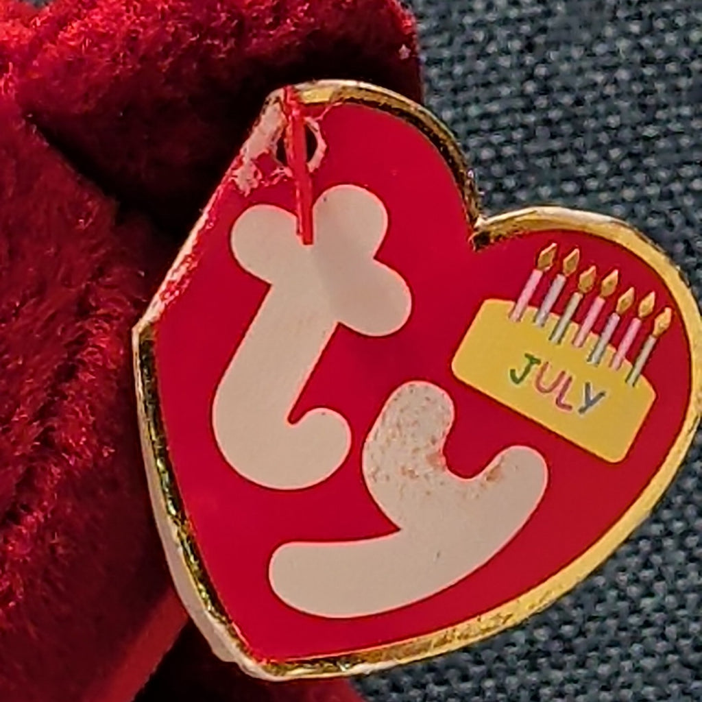 ​Ty Beanie Baby JULY Birthday Bear 2002 Red Teddy Silver Party Hat with Tag