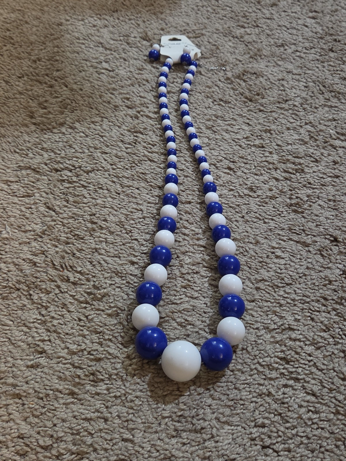 Chunky Bubblegum Bead Necklace Earring Set Blue White Retro