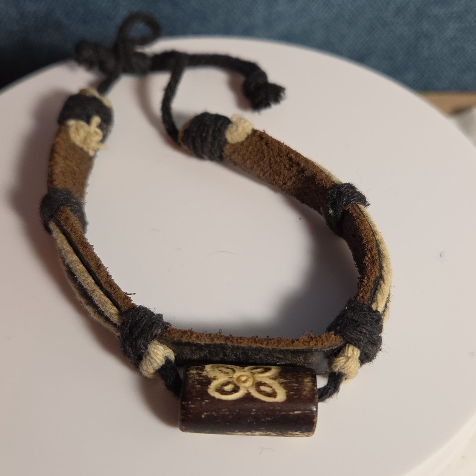 Boho Tribal Leather Cord Bracelet Carved Bead Unisex
