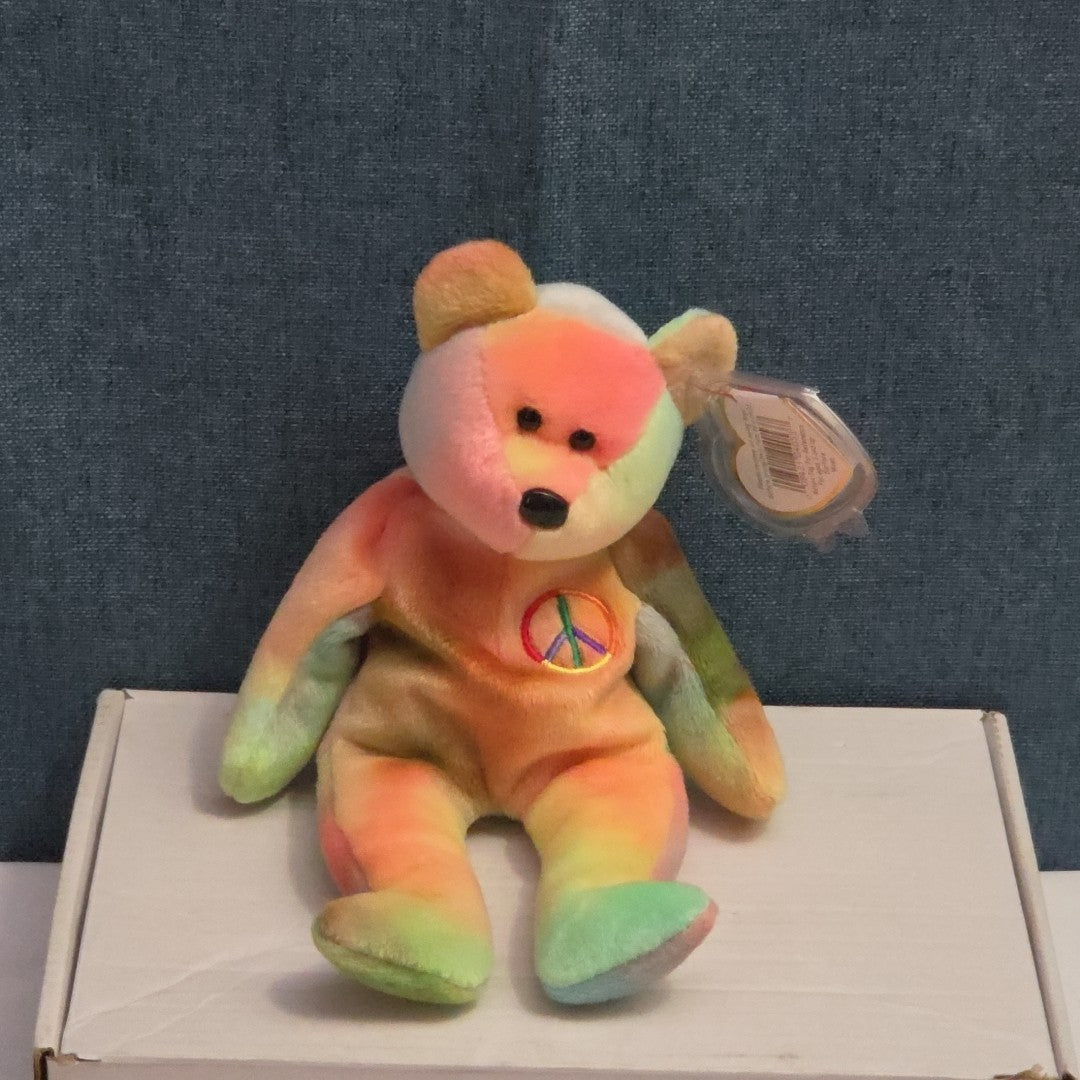 Ty Beanie Baby Peace Bear 1997 Retired - Unique Pastel Tie Dye Tag Protector
