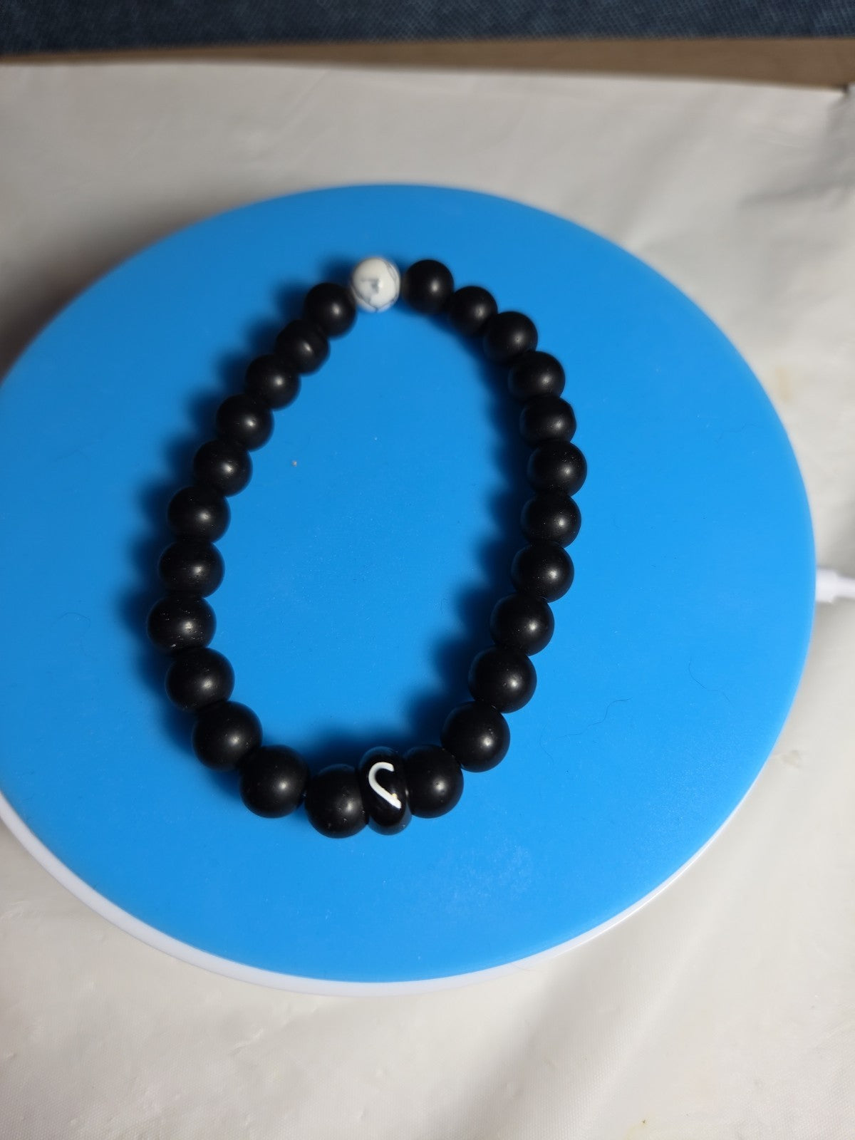 Natural Stone Bead Stretch Bracelet Matte Black White Howlite