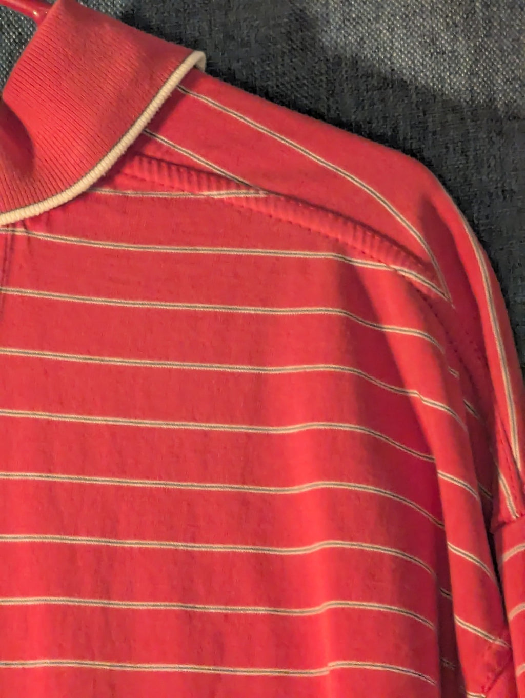 Greg Norman Collection Men's L 100% Cotton Red White Stripe Golf Polo Shark Logo