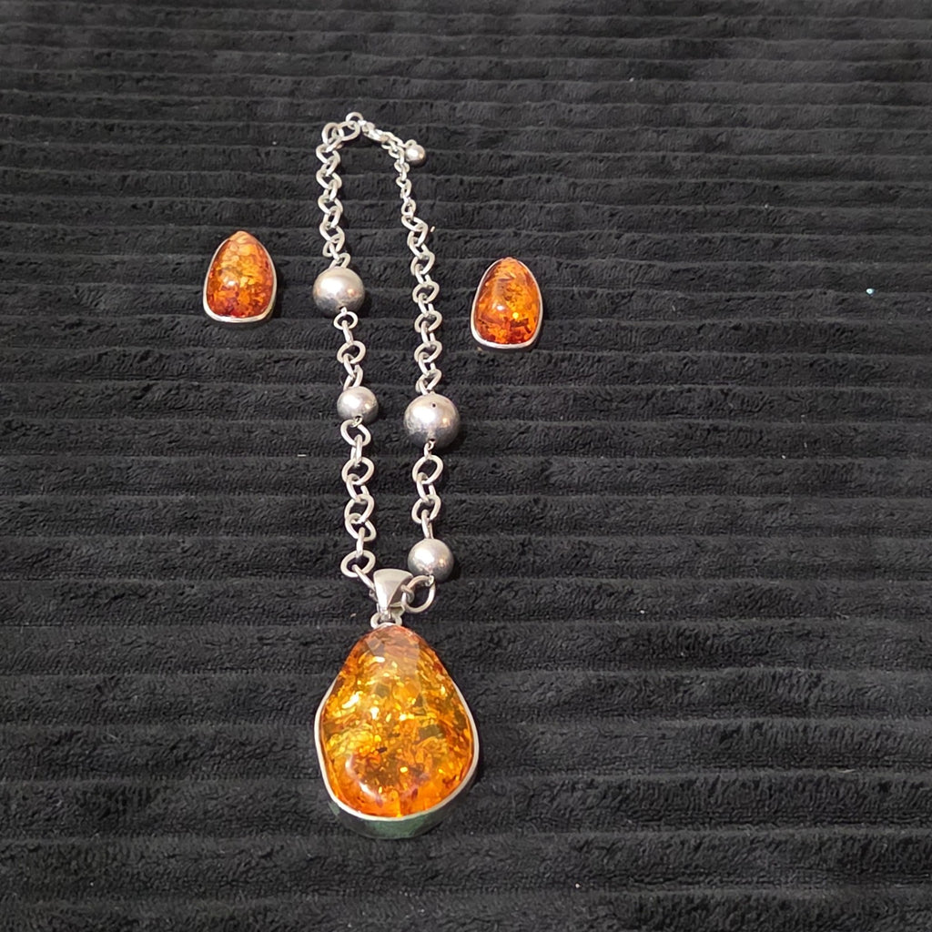 Vintage Faux Amber Necklace Clip On Earrings Set Silver Tone Teardrop Shimmer