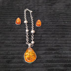 Vintage Faux Amber Necklace Clip On Earrings Set Silver Tone Teardrop Shimmer