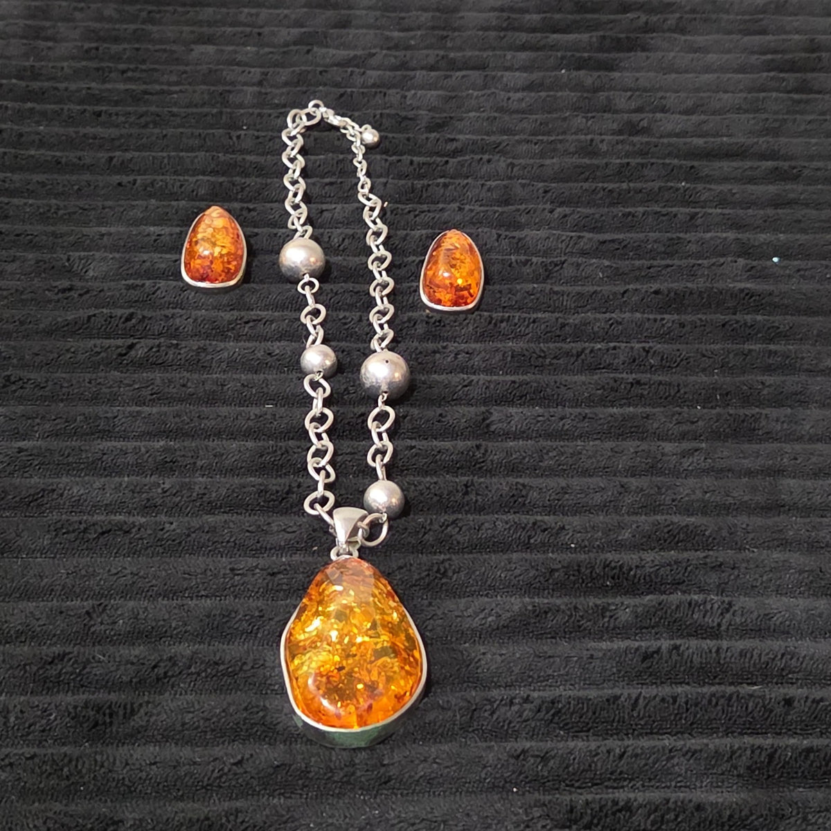 Vintage Faux Amber Necklace Clip On Earrings Set Silver Tone Teardrop Shimmer
