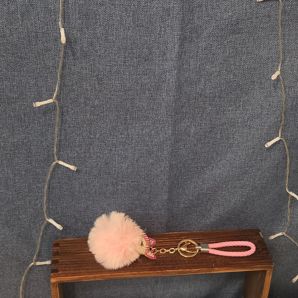 Pink Rhinestone Fox Pom Pom Keychain Charm Braided Strap
