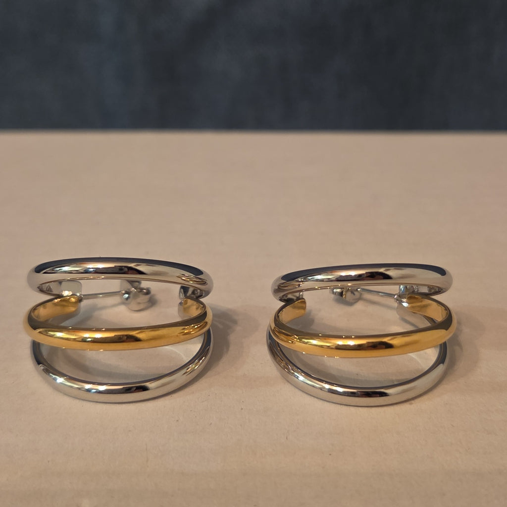 Triple Hoop Mixed Metal Gold Silver Tone Earrings Modern