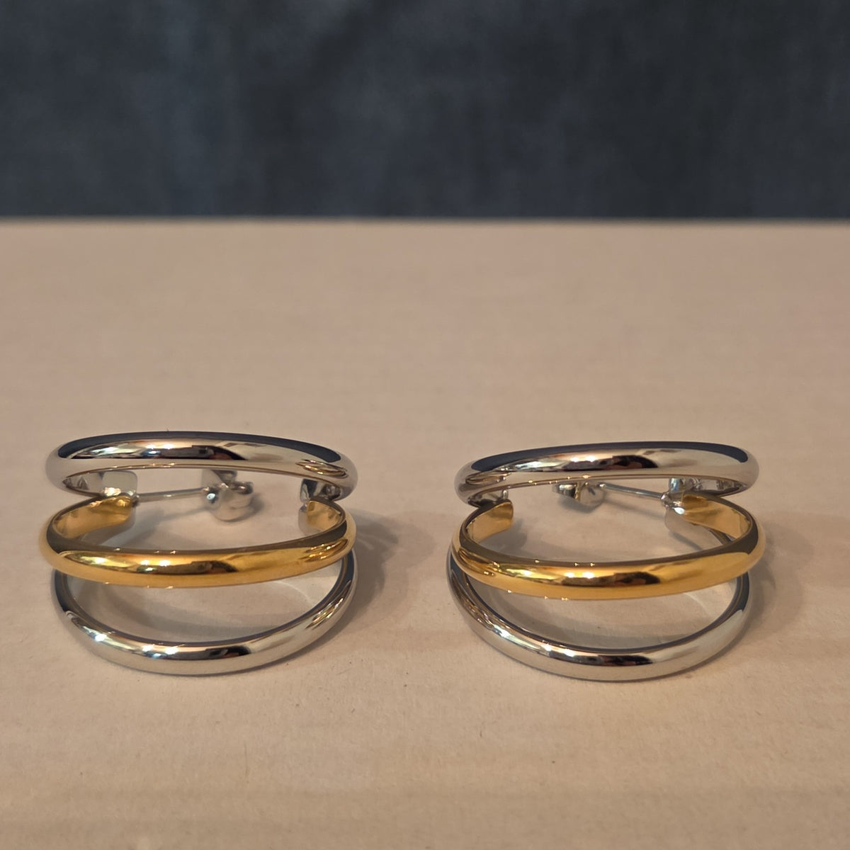 Triple Hoop Mixed Metal Gold Silver Tone Earrings Modern