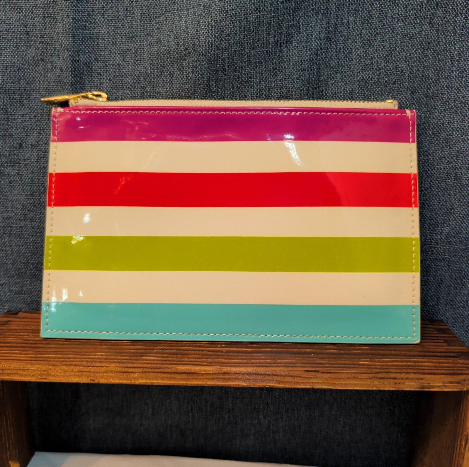 Kate Spade Striped Pencil Case Makeup Pouch Glossy Patent Preppy