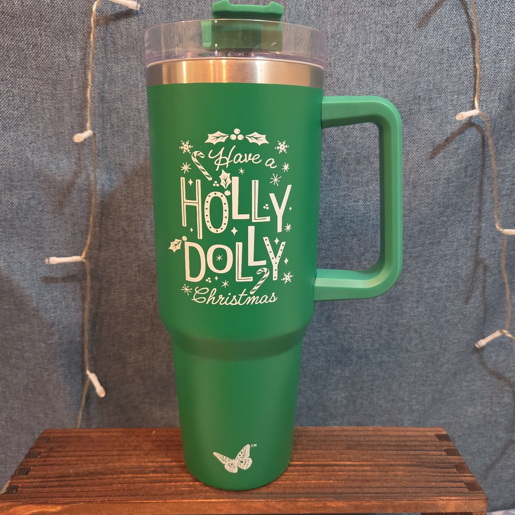 Holly Dolly Christmas 40oz Tumbler Green Stainless Travel Mug