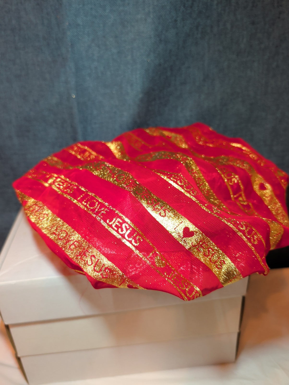 I Love Jesus Satin Hair Bonnet Sleep Cap Red Gold Glitter OS Made in USA