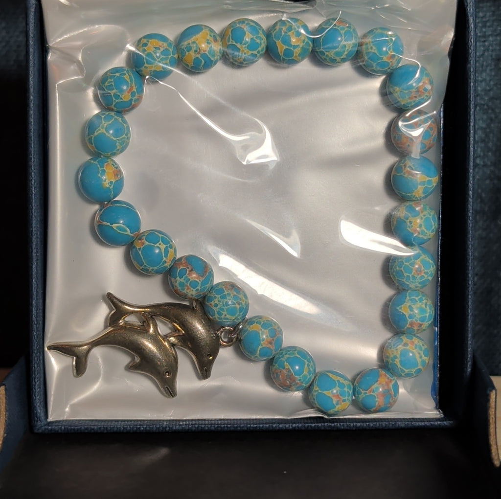 Dolphin Charm Blue Imperial Jasper 8mm Stretch Bracelet Boho NIB