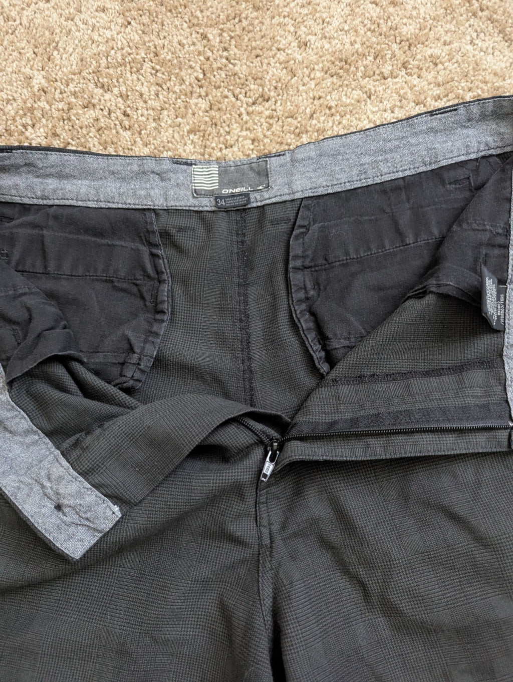 O'Neill Men's Hybrid Flat Front Shorts Size 34 Black Micro Plaid Stretch Chino