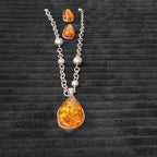Vintage Faux Amber Necklace Clip On Earrings Set Silver Tone Teardrop Shimmer