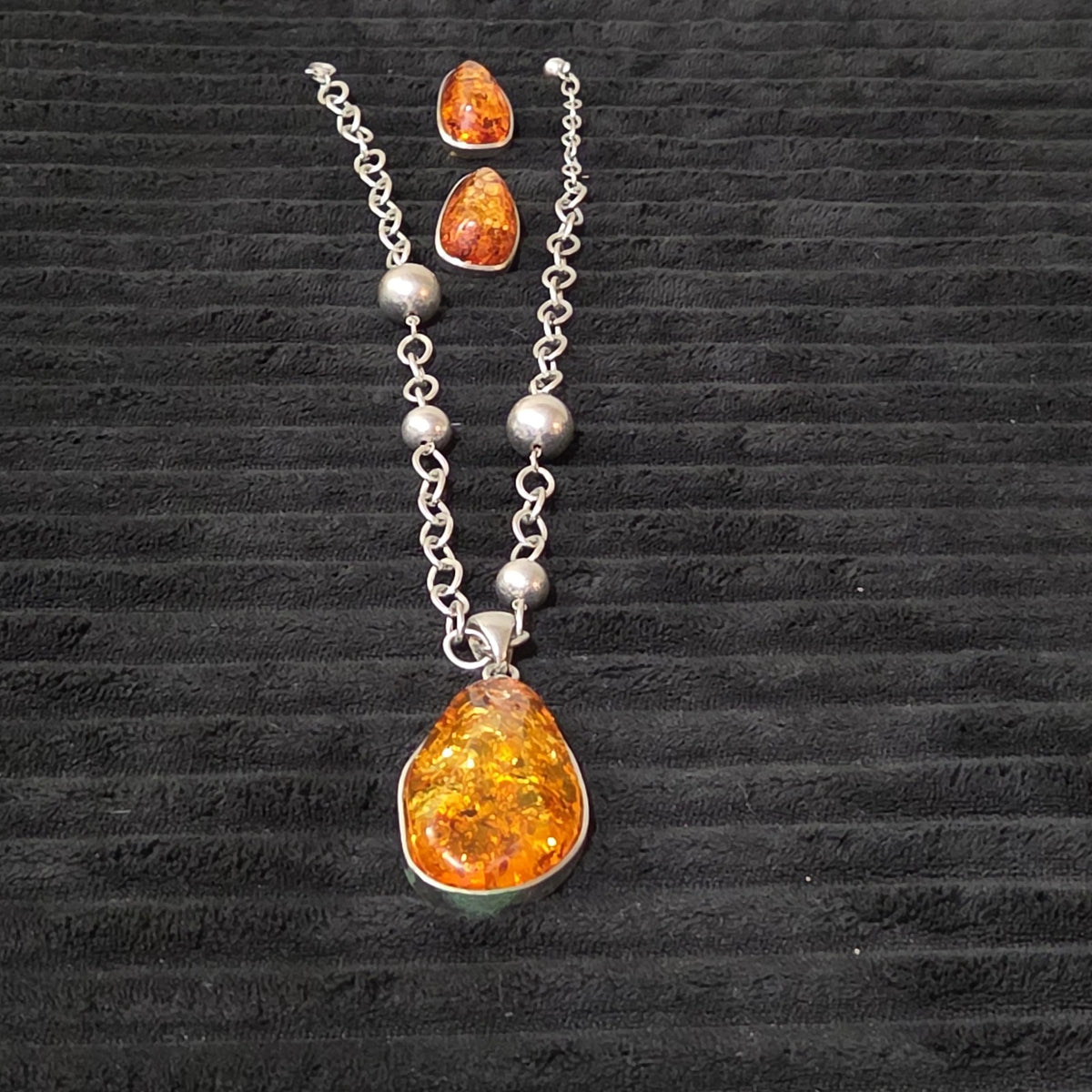 Vintage Faux Amber Necklace Clip On Earrings Set Silver Tone Teardrop Shimmer