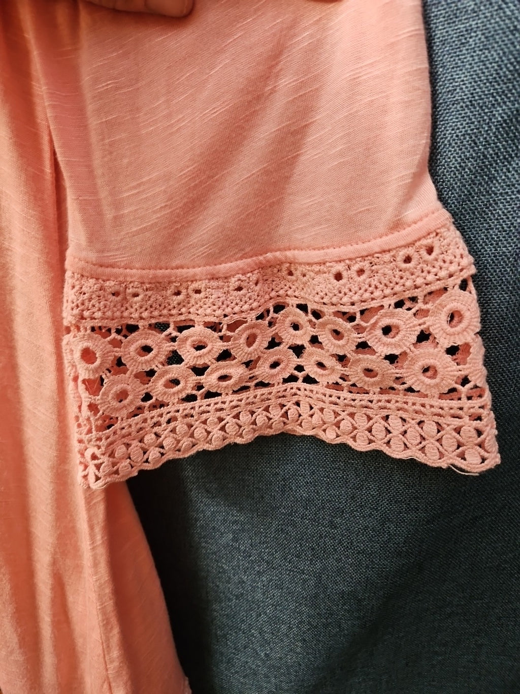 Indigo Soul Boho Tunic Top Large Pink Rayon Crochet Lace Sharkbite Hem Lagenlook