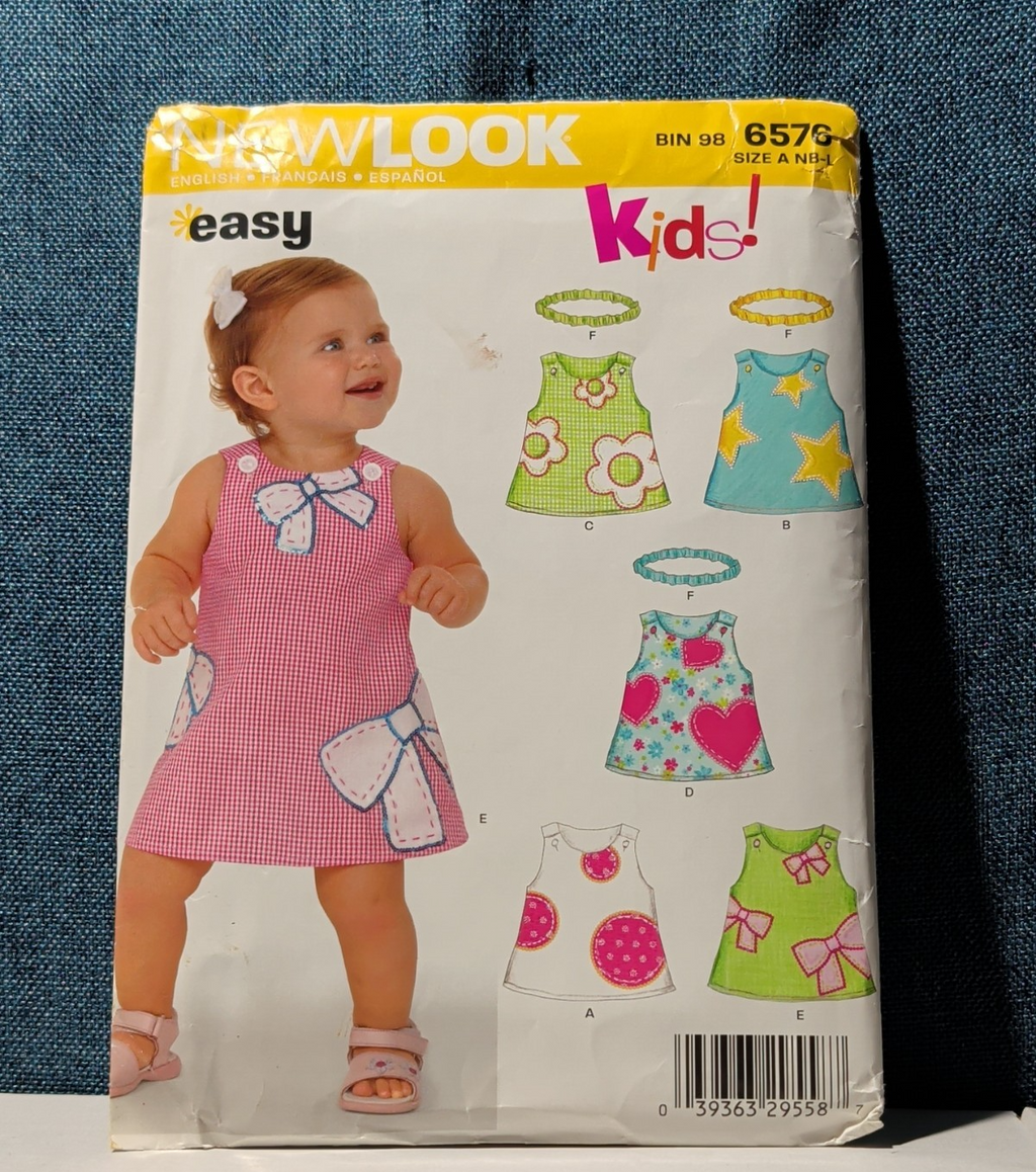 New Look 6576 Baby A-line Dress Headband 2006 Pattern Sizes NB-L UNCUT