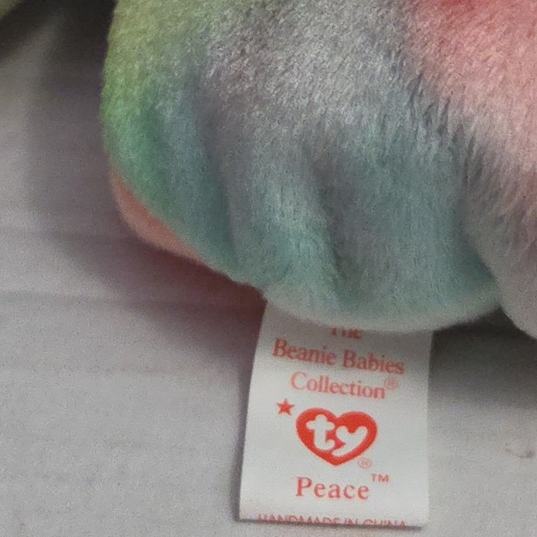 Ty Beanie Baby Peace Bear 1997 Retired - Unique Pastel Tie Dye Tag Protector