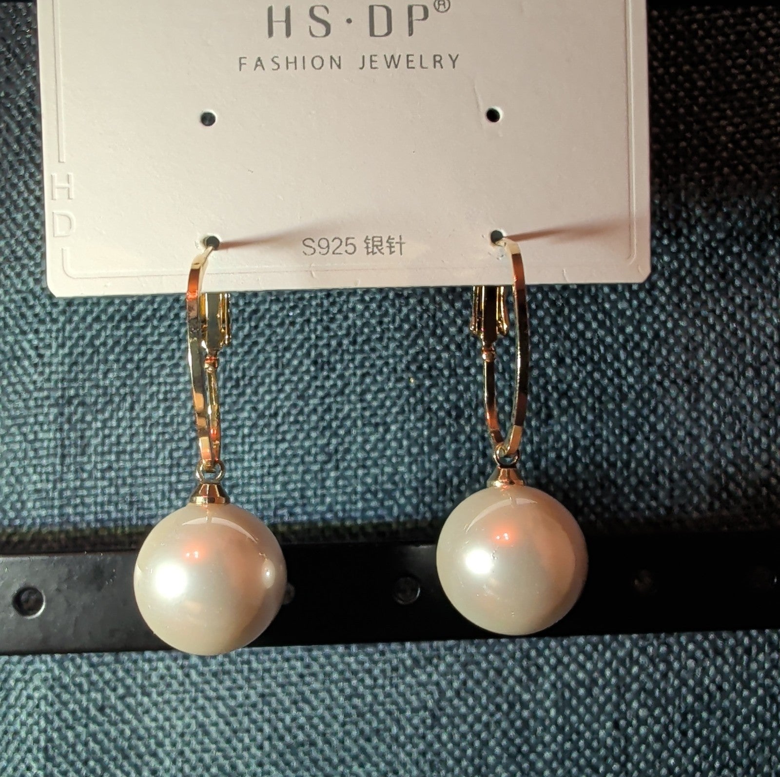 HS DP Fashion Pearl Drop Hoop Earrings 14K Gold Plated S925 Post Classic